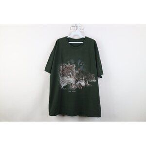 Vintage 90s Streetwear Mens 2XL Faded New York Nature Wolf Pack T-Shirt Green